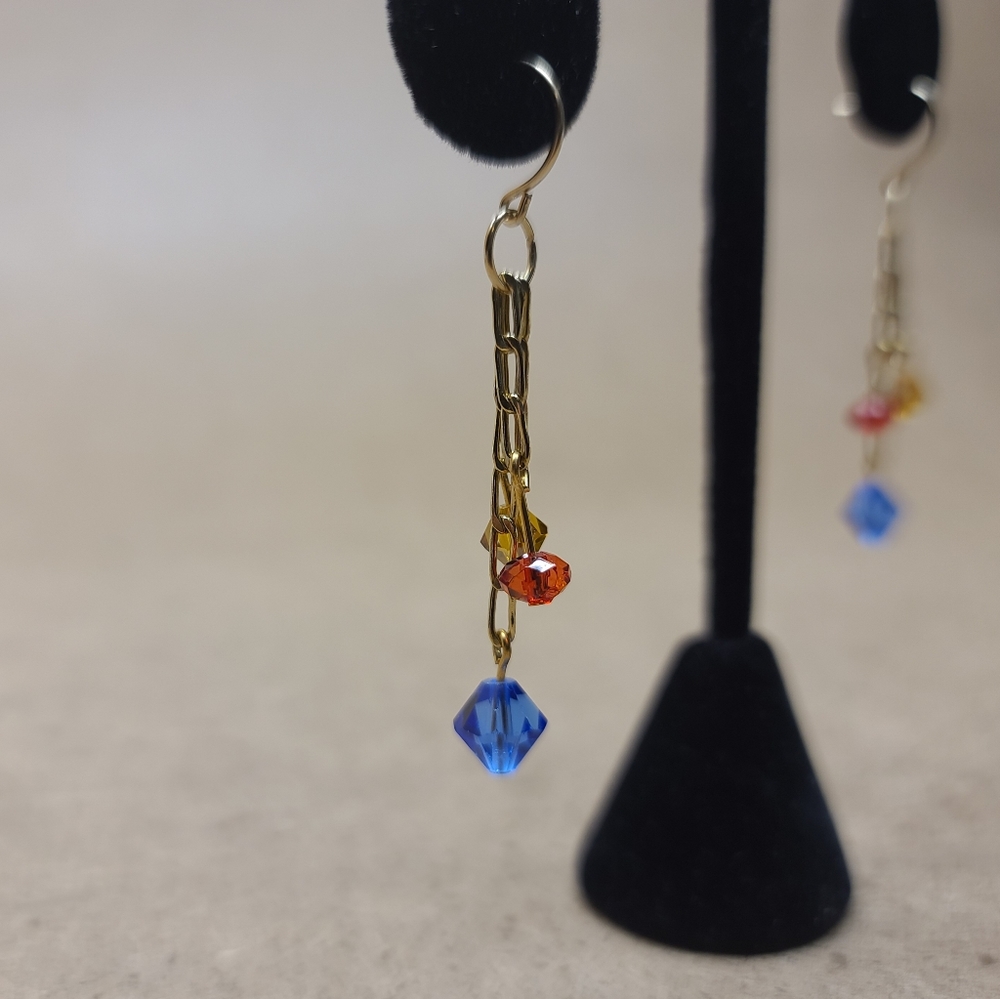 Champange crystal and Blue glass and plastic beeds Goldfield Earrings 2-2/8"